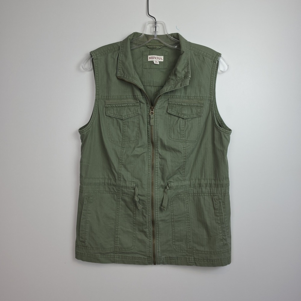 Merona Full-Zip Vest Women's Size M Olive Green Pockets Drawstring